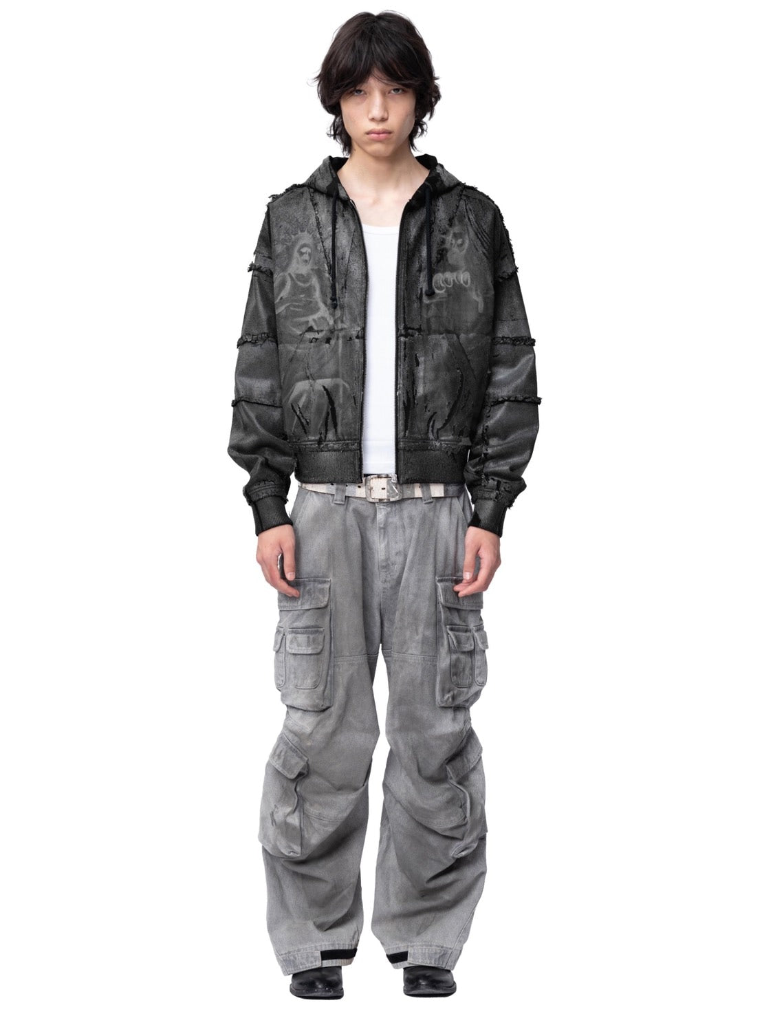 【The Boy Has No Patience】Double Saint Spray Hooded Jacket / 【ザボーイハズノーペーシェンス】スプレーグラフィックフードジップアップブルゾン