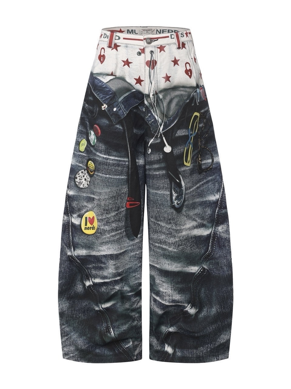 【DND4DES】Double Waist Badge All-Over Print Pants /【ディーエヌディーフォーデス】ダブルウエストプリントデニムパンツ