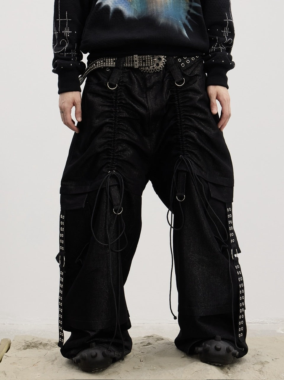 【DND4DES】Drawn Silver Silk Sharp Dance Pants /【ディーエヌディーフォーデス】ベルトシャーリングデニムパンツ