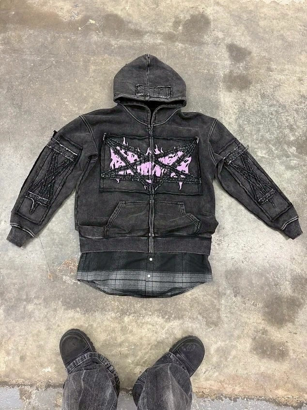 【Reckless Scholars】PENT PATCH FLANNEL HOODIE / 【レックレス スカラーズ】フロントデザインレイヤードウォッシュジップパーカー