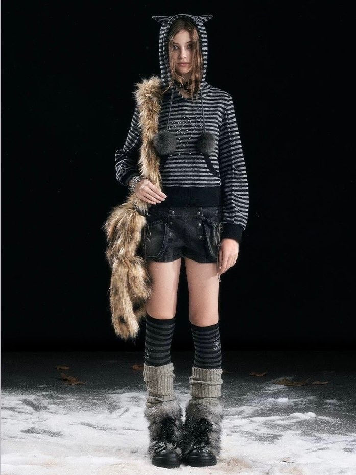 【Cest Nous】Striped cat-ear Striped cat-ear pullover parker / 【セヌー】ボーダーキャットイヤープルオーバーパーカー