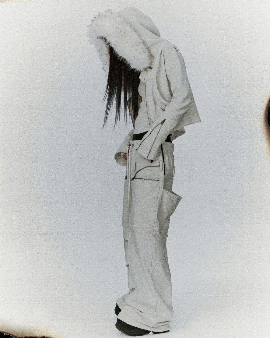 【bonienkiye】Distressed Seam Fur Hood Zip-Up