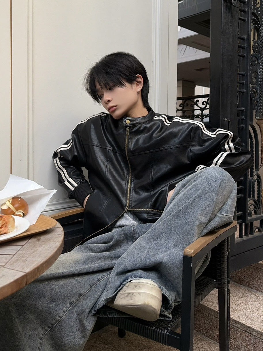 国際配送【LUV CODE】line leather jacket (2color)