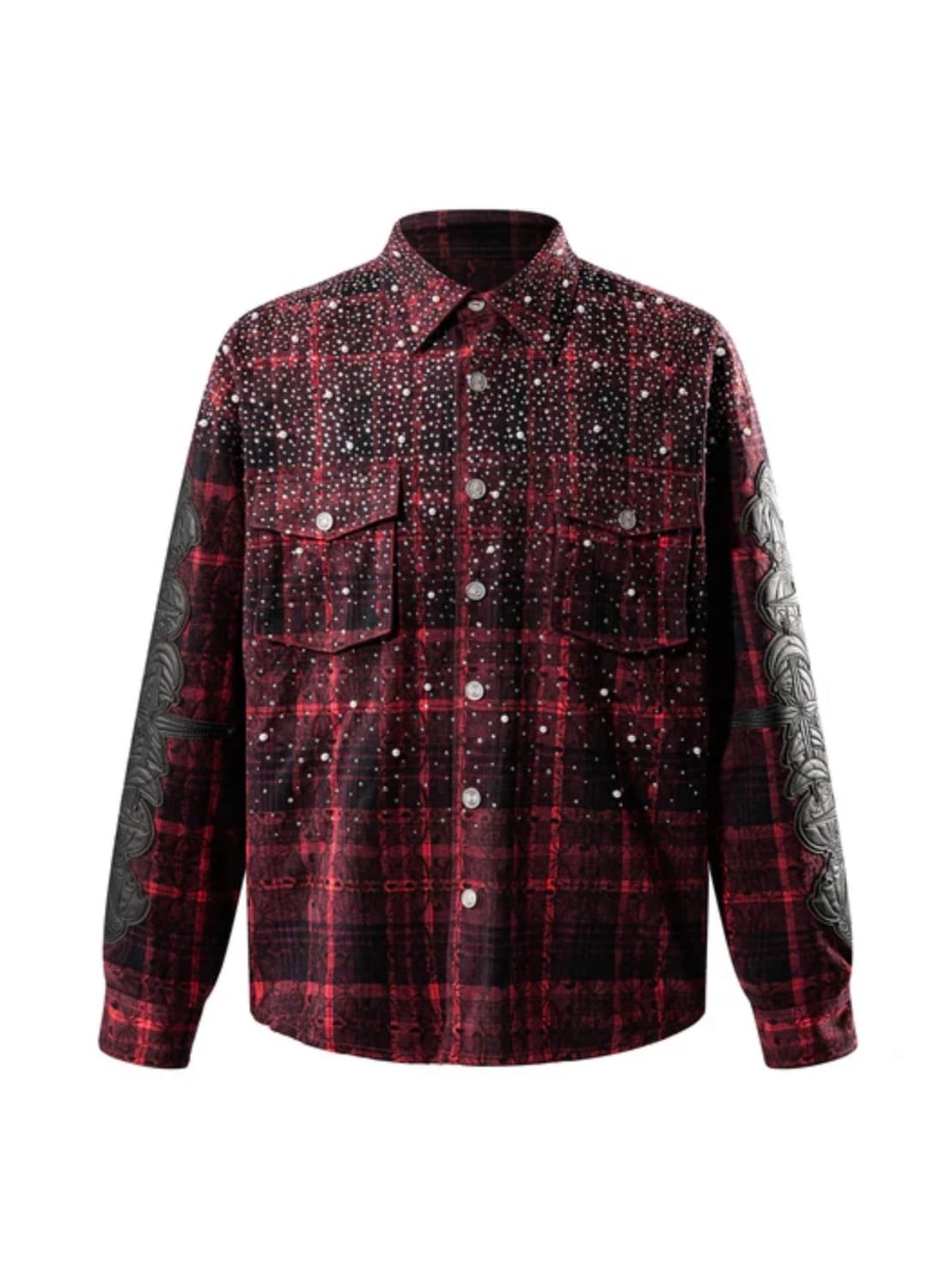 【The Boy Has No Patience】TBHNP LUMINOUS DAWN RHINESTONE PEARL BAT PATTERN L-S SHIRT / 【ザボーイハズノーペーシェンス】ラインストーンチェックシャツ