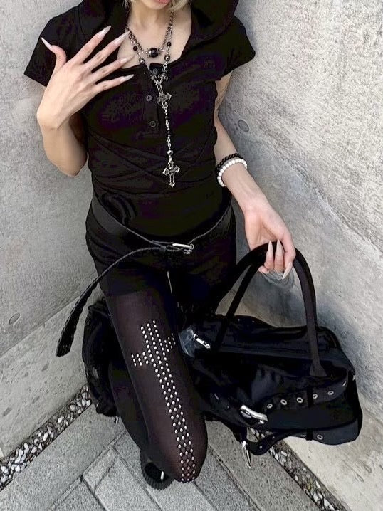 国際配送【Never mind the XU】Cross rhinestone tights