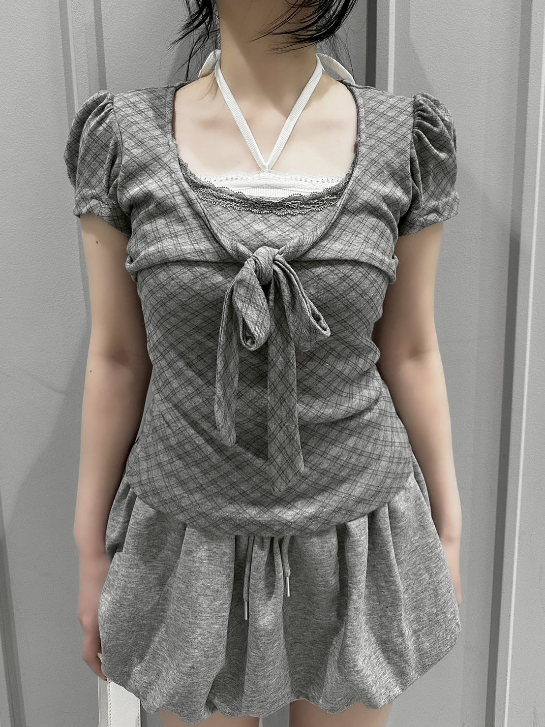 受注制【nmtc+】French Ribbon Check Top (2color)