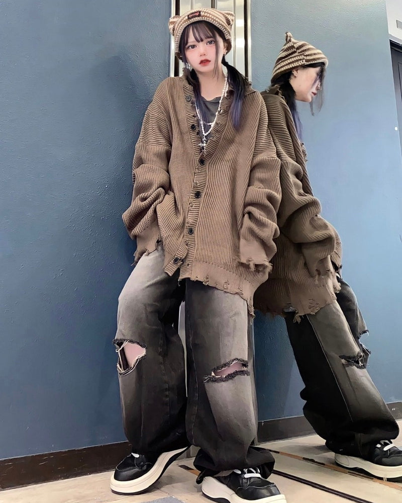【Never mind the XU】damage knit cardigan (2color)