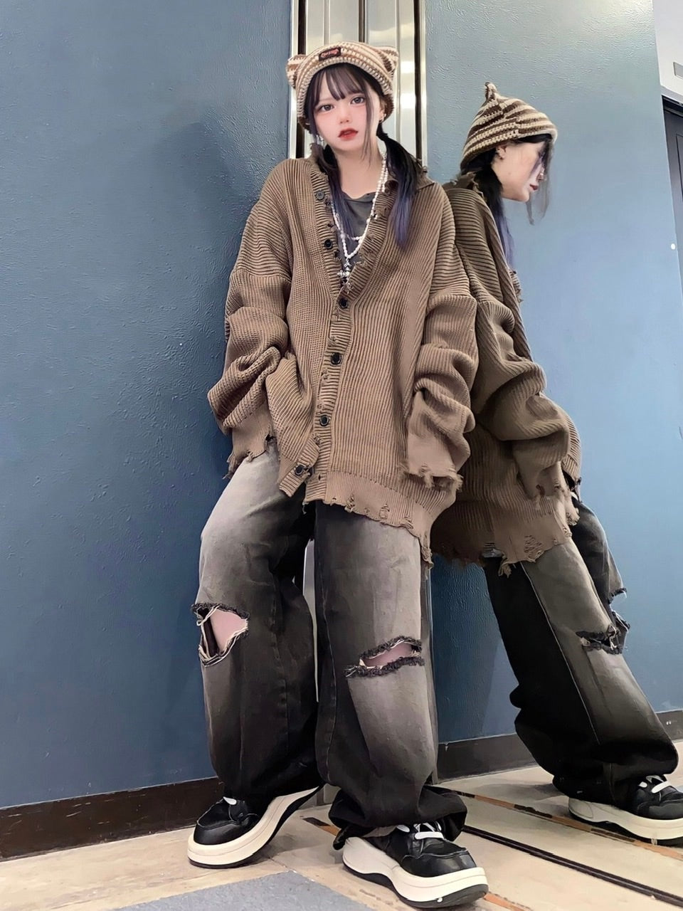 【Never mind the XU】damage knit cardigan (2color)