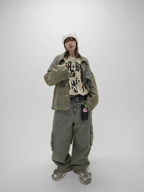 受注制【Never mind the XU】set up washed denim jacket (2color)