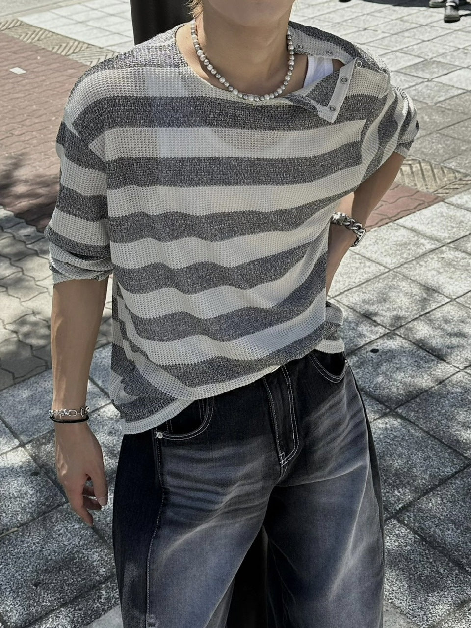 大阪店WEB限定受注制【Chikashitsu +】shoulder snap border knit (2color)