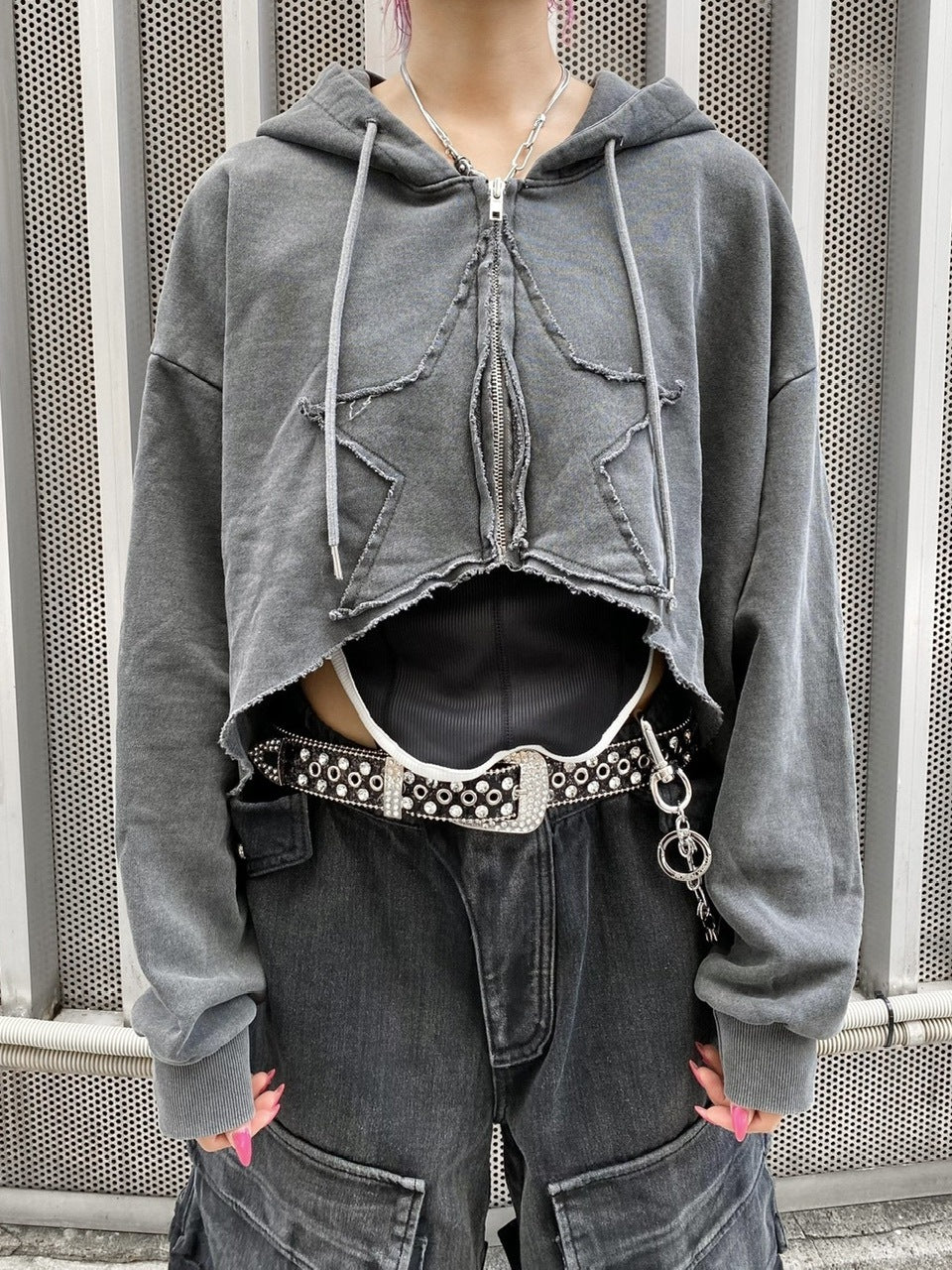 【Never mind the XU】star zip up crop hoodie (3color)