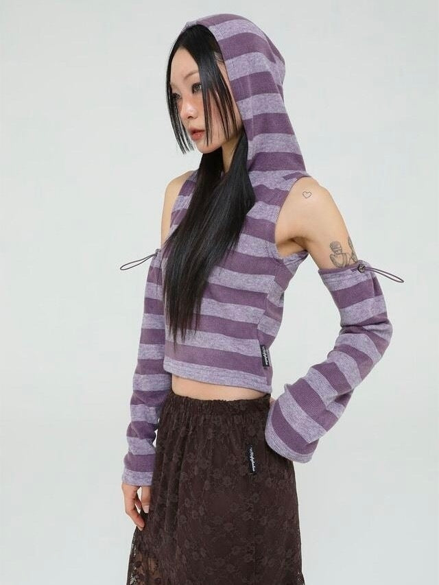 【Uglyshadow】STRIPED HOODED KNIT VEST WARMER SET