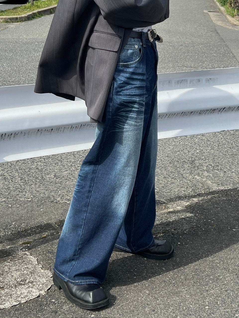 【Chikashitsu +】design washing wide denim pants (2color) / 【チカシツプラス】デザインウォッシングワイドデニムパンツ