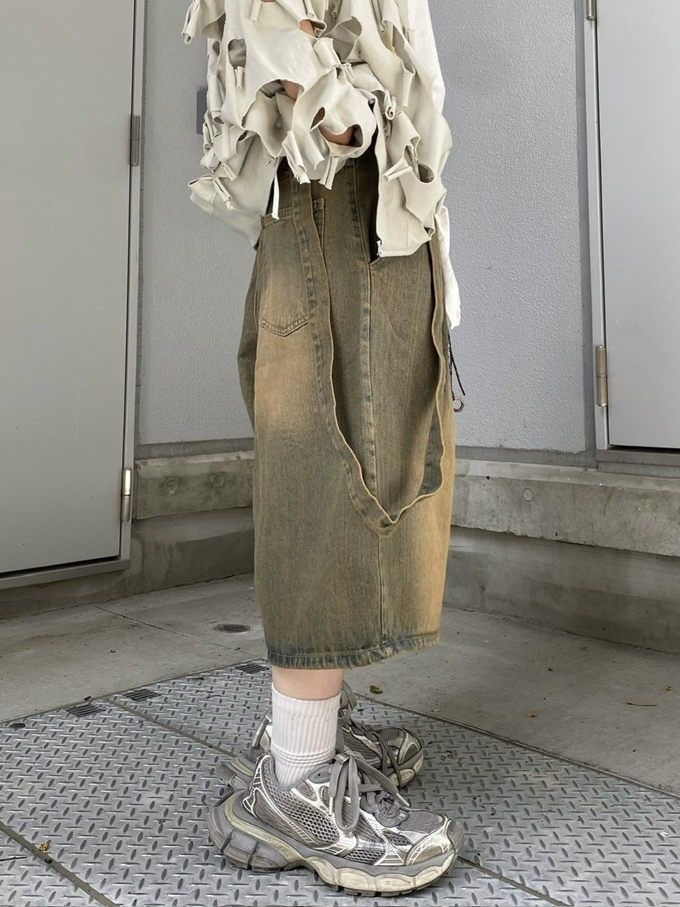 受注制【Never mind the XU】strap denim half pants (2color)