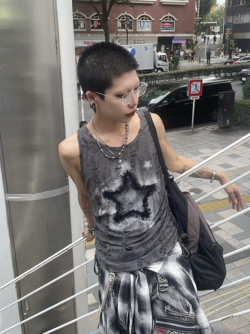 受注制【Never mind the XU】star damage sleeveless (2color)