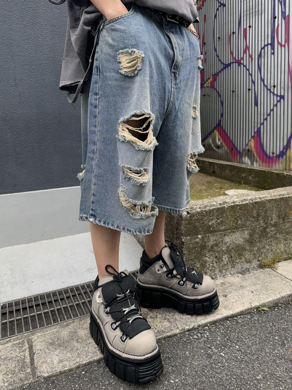 受注制【Never mind the XU】damage denim shorts 2 (2color)