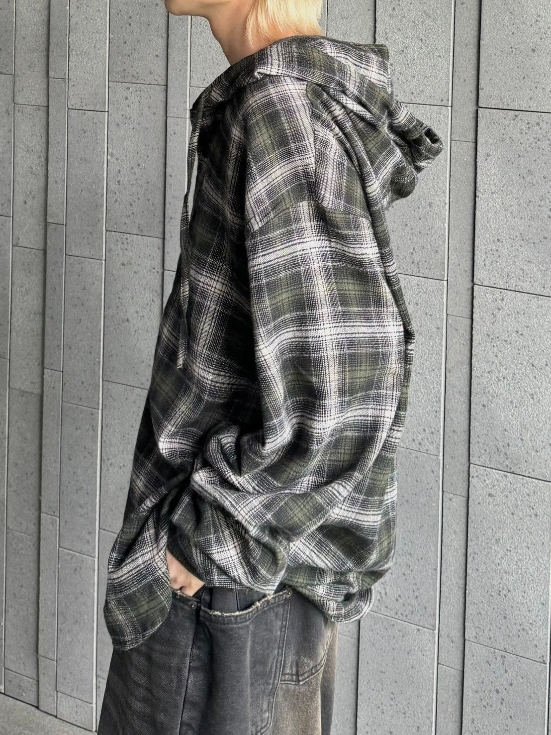 受注制【Chikashitsu +】glen check hooded shirt (2color) / 【チカシツプラス】グレンチェックフード長袖シャツ