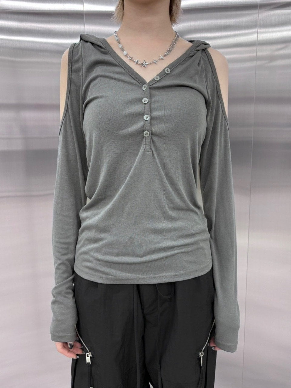 【nmtc +】shoulder slit hooded long sleeve tee (3color)