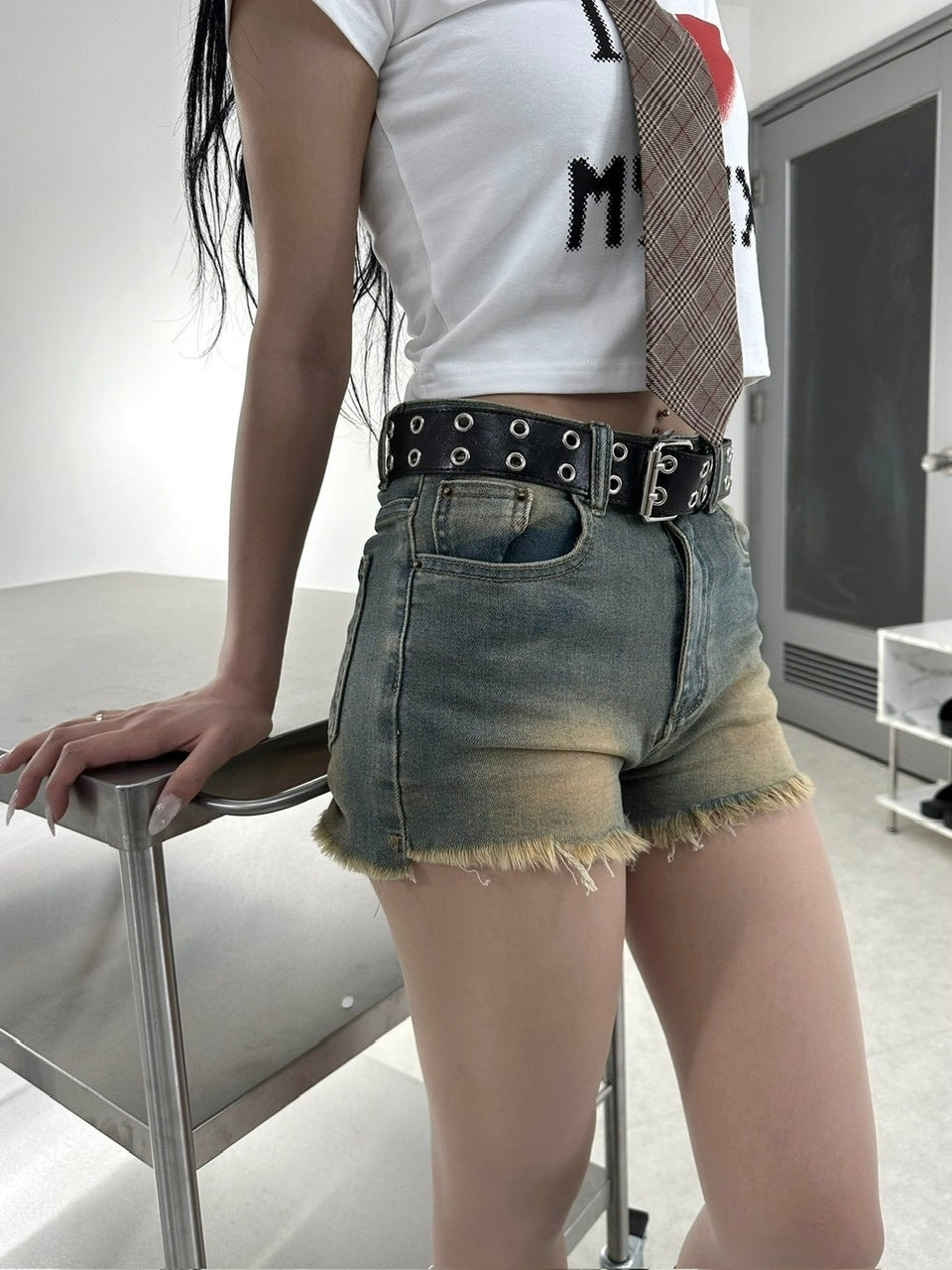 受注制【Never mind the XU】vintage wash denim short pants (2color)