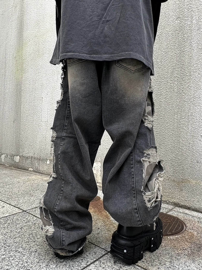 受注制【Never mind the XU】camouflage side damage denim pants (2color) / 【ネバーマインドザエックスユー】カモフラージュサイドダメージワイドデニムパンツ