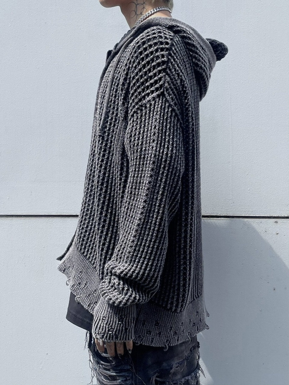 受注制【Never mind the XU】mesh zip damage hoodie (2color) / 【ネバーマインド ザ エックスユー】メッシュダメージジップアップ長袖パーカー