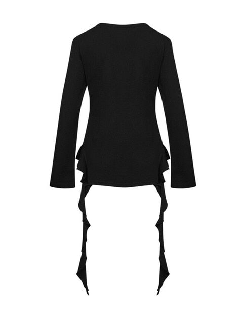 【NOT KNOWING】STUD V-NECK RUFFLE TOP / 【ノットノーイング】スタッヅＶネックラッフル長袖Ｔシャツ