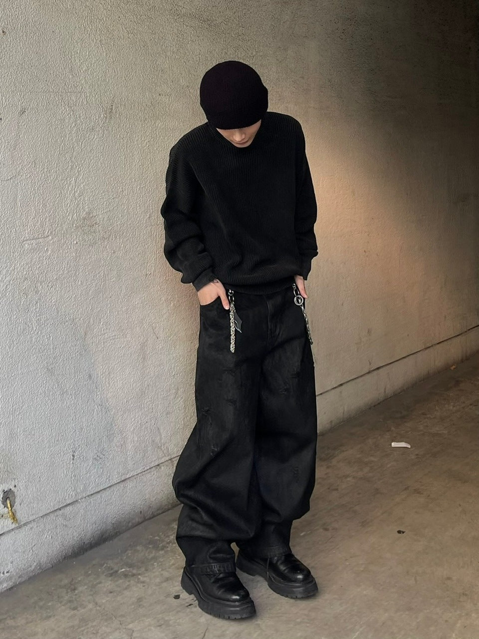受注制【Chikashitsu +】coating damage wide denim pants