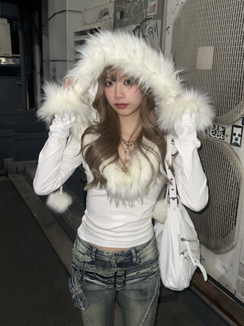 受注制【Never mind the XU】v neck crop fur hoodie (2color)