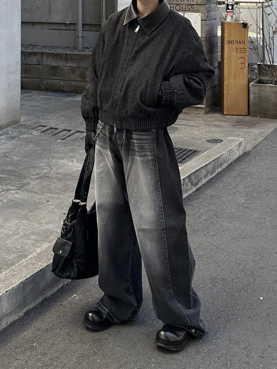 大阪店WEB限定【Chikashitsu +】cropped leather collar denim jacket