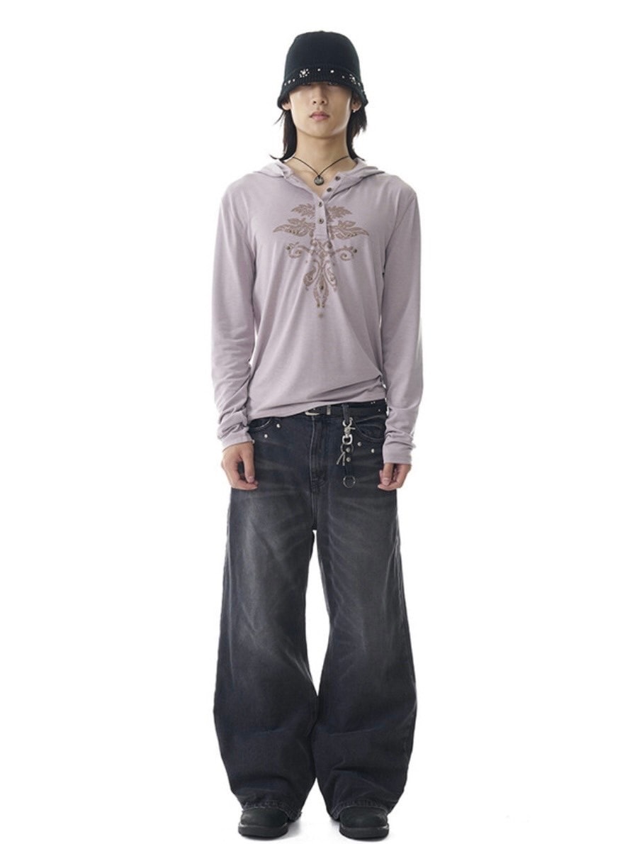 【AAKAM】Studded Leaf Hooded Long Sleeve