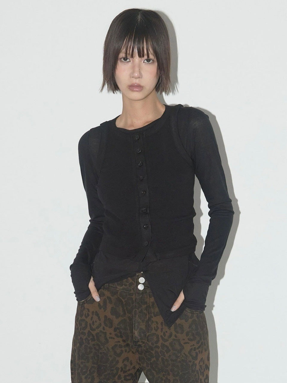 【FANCY CLUB】3-WAY BUTTON LAYERED LONG SLEEVE / 【ファンシークラブ】ボタンベストレイヤード長袖Tシャツ