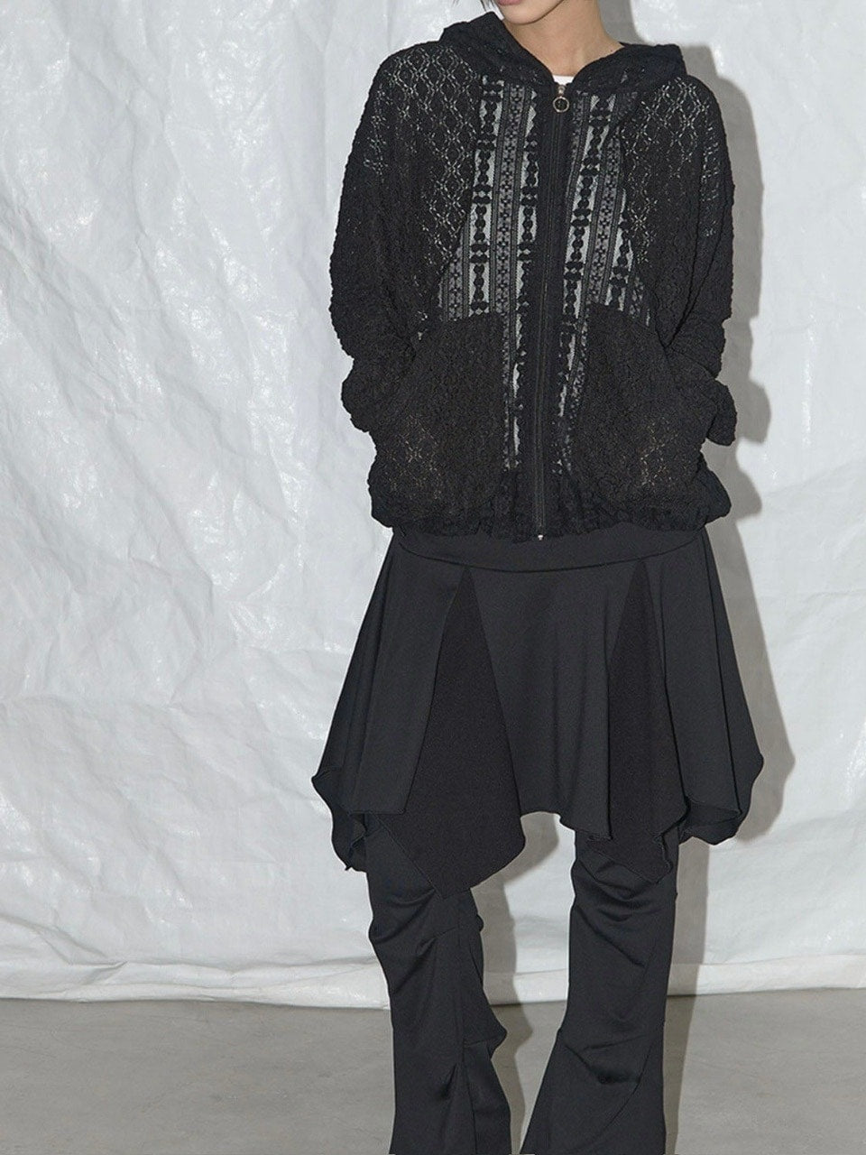 【FANCY CLUB】UNBALANCE SKIRT LAYERED PINTUCK PANTS