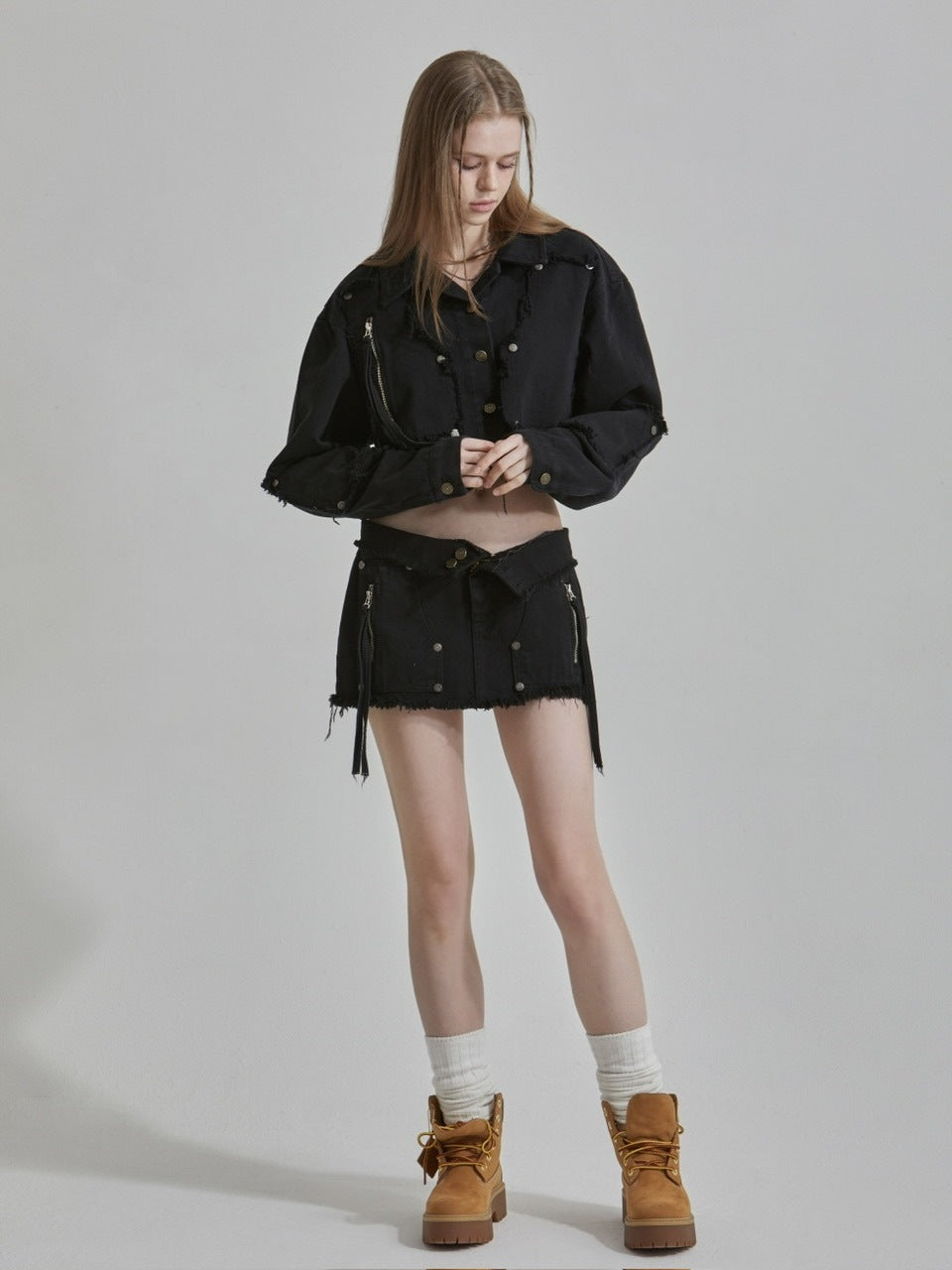 【GATELESS】RIVET FRINGE DENIM MINI SKIRT