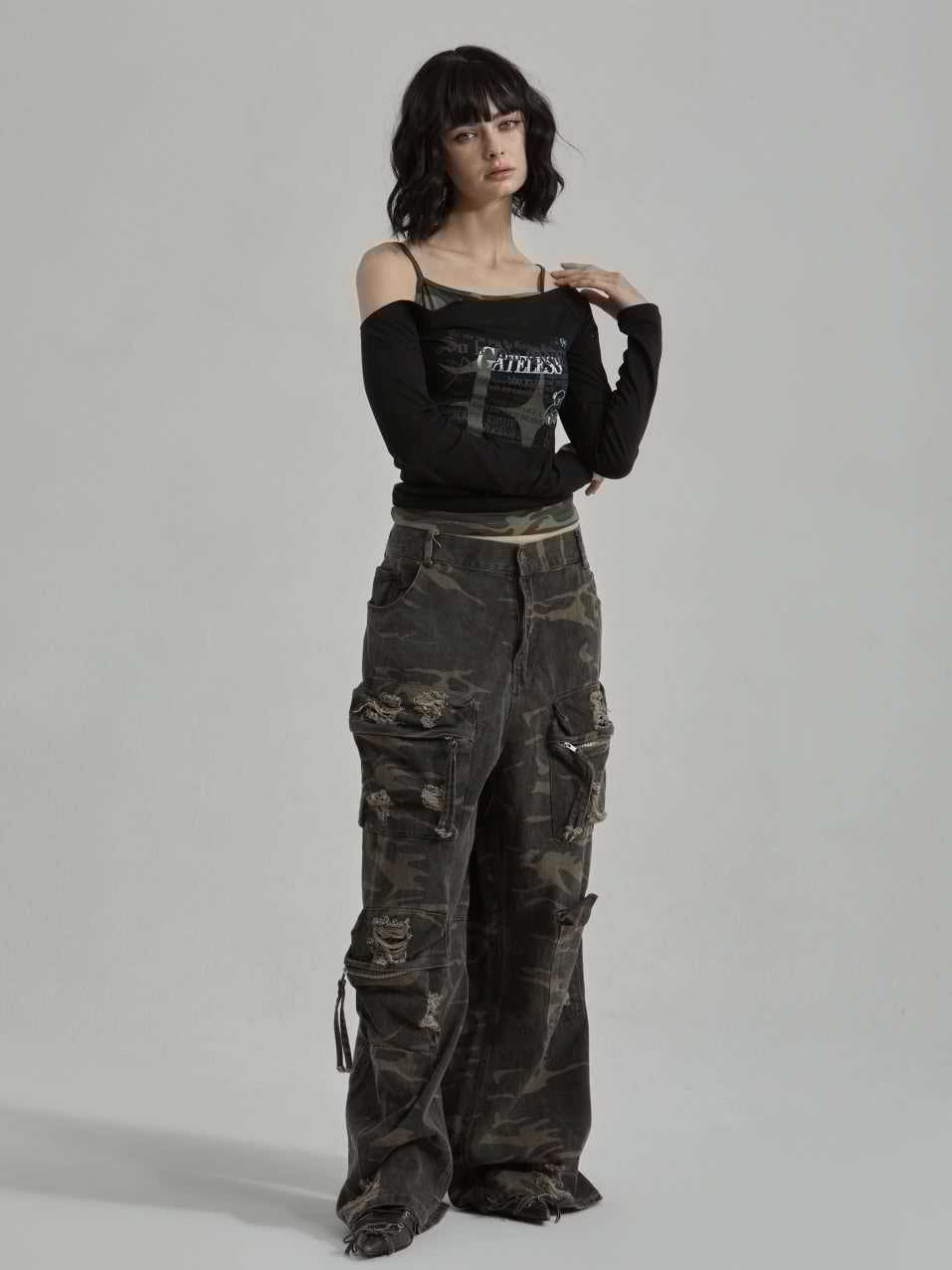 【GATELESS】CAMOUFLAGE LAYERED ONE SHOULDER T-SHIRT