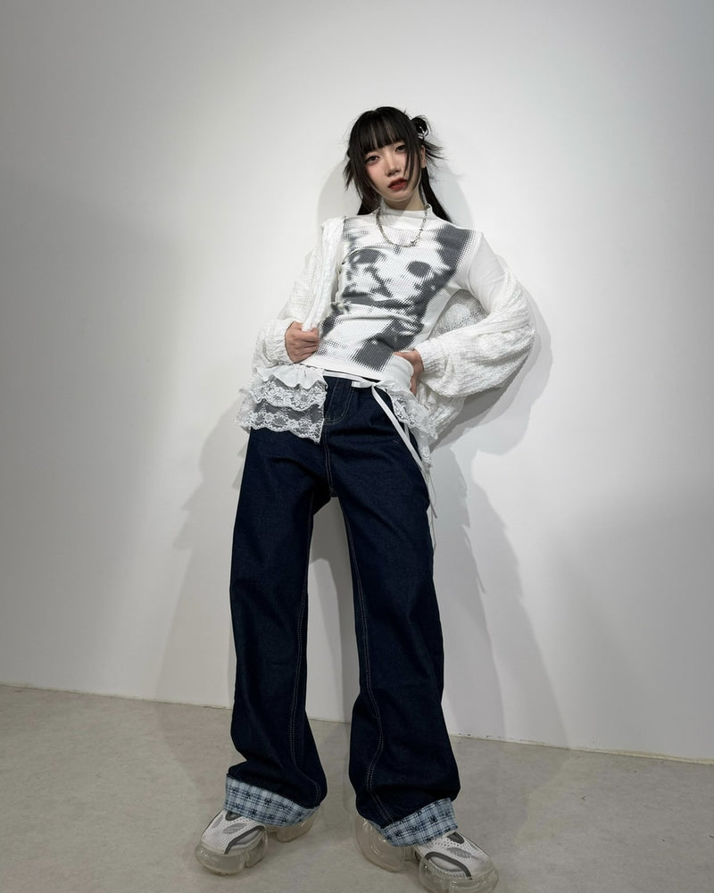 国際配送【Nerd out XU】design check wide denim pants