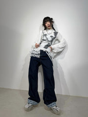 国際配送【Nerd out XU】design check wide denim pants
