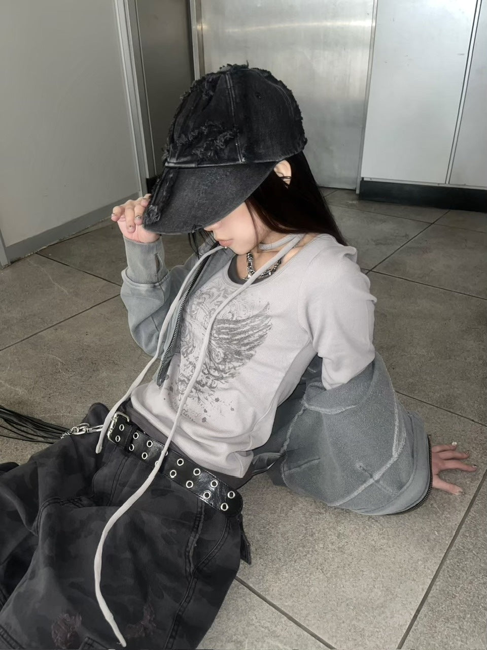 Never mind the XU】tie set cross wing long sleeve tee (3color