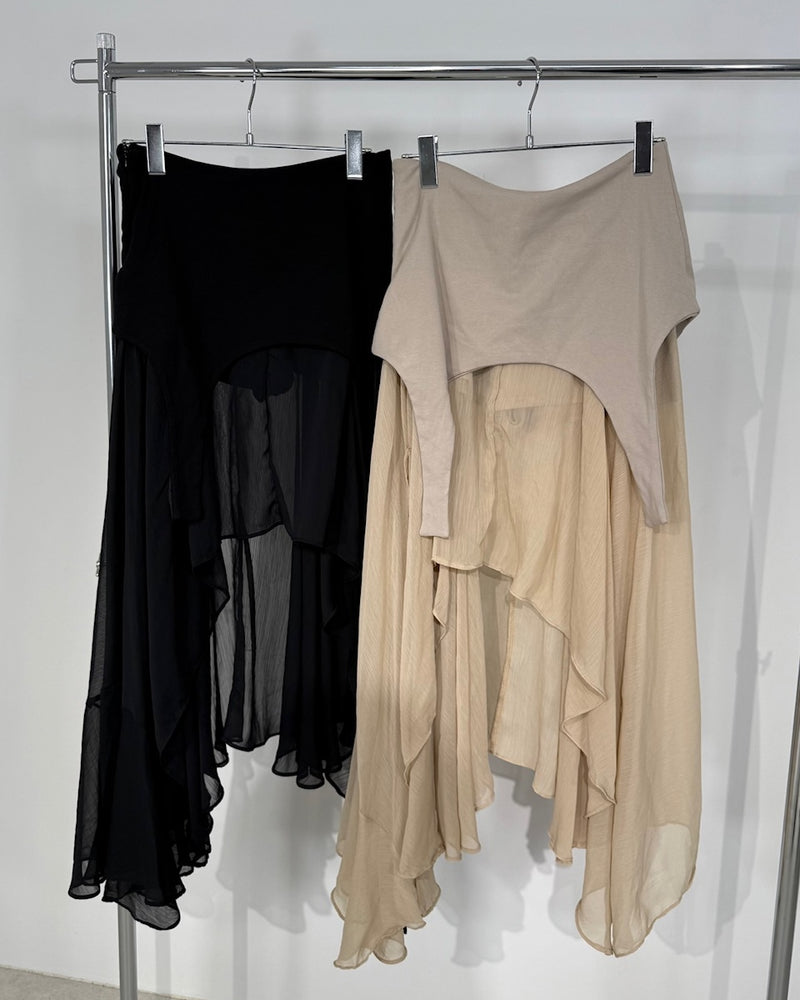 国際配送【Nerd out XU】asymmetry sheer long skirt (2color)