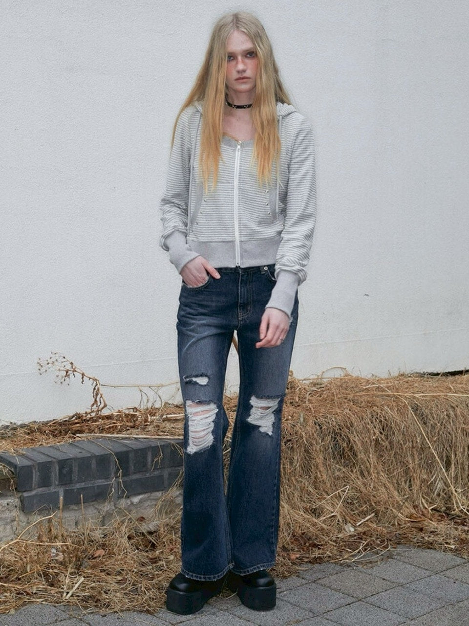 【NOT KNOWING】U Neck Stripe Hood Zip Up