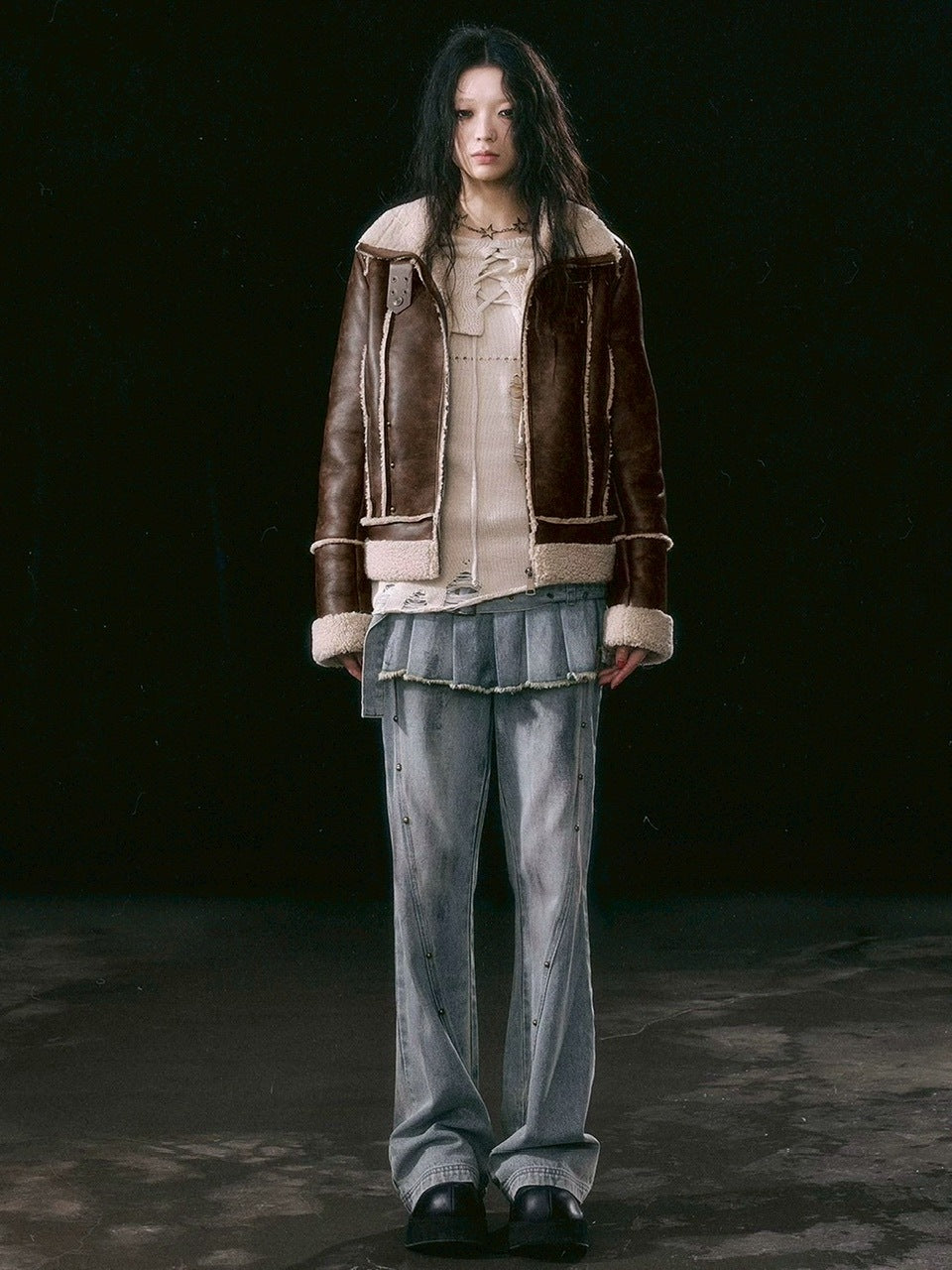 【Cest Nous】Dirty Wash Blue Denim Jeans / 【セヌー】ダーティーウォッシングスカートレイヤードデニムパンツ