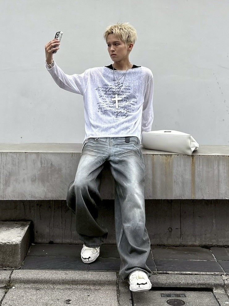 受注制【nmtc +】see through lettering long sleeve (3color) / 【エヌエムティーシープラス】シースルーレタリングプリント長袖Tシャツ