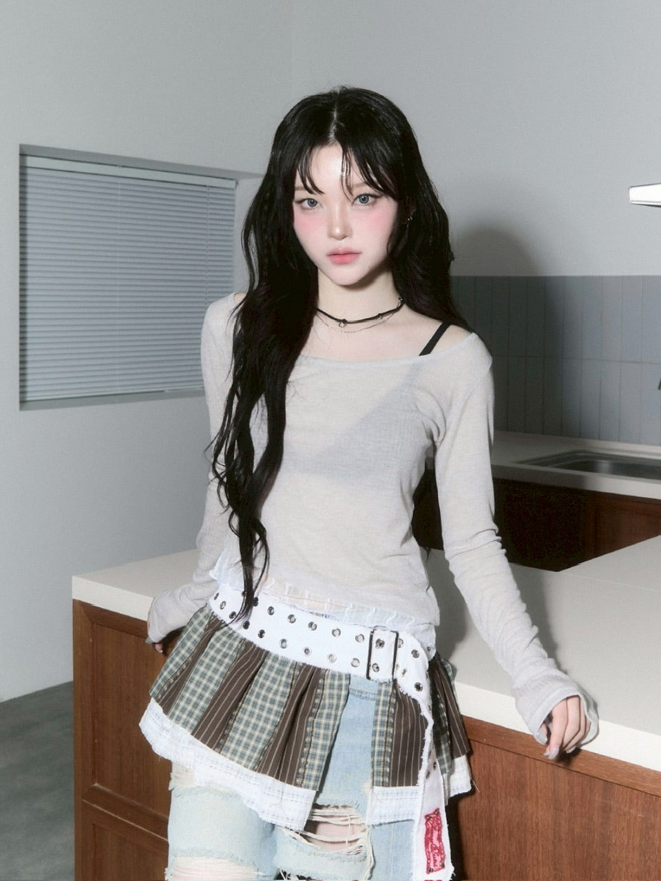 【CHERRYQUIRI】sheer layered unbal sleeve / 【チェリーキュリー】シアーレイヤードアンバランス長袖トップス