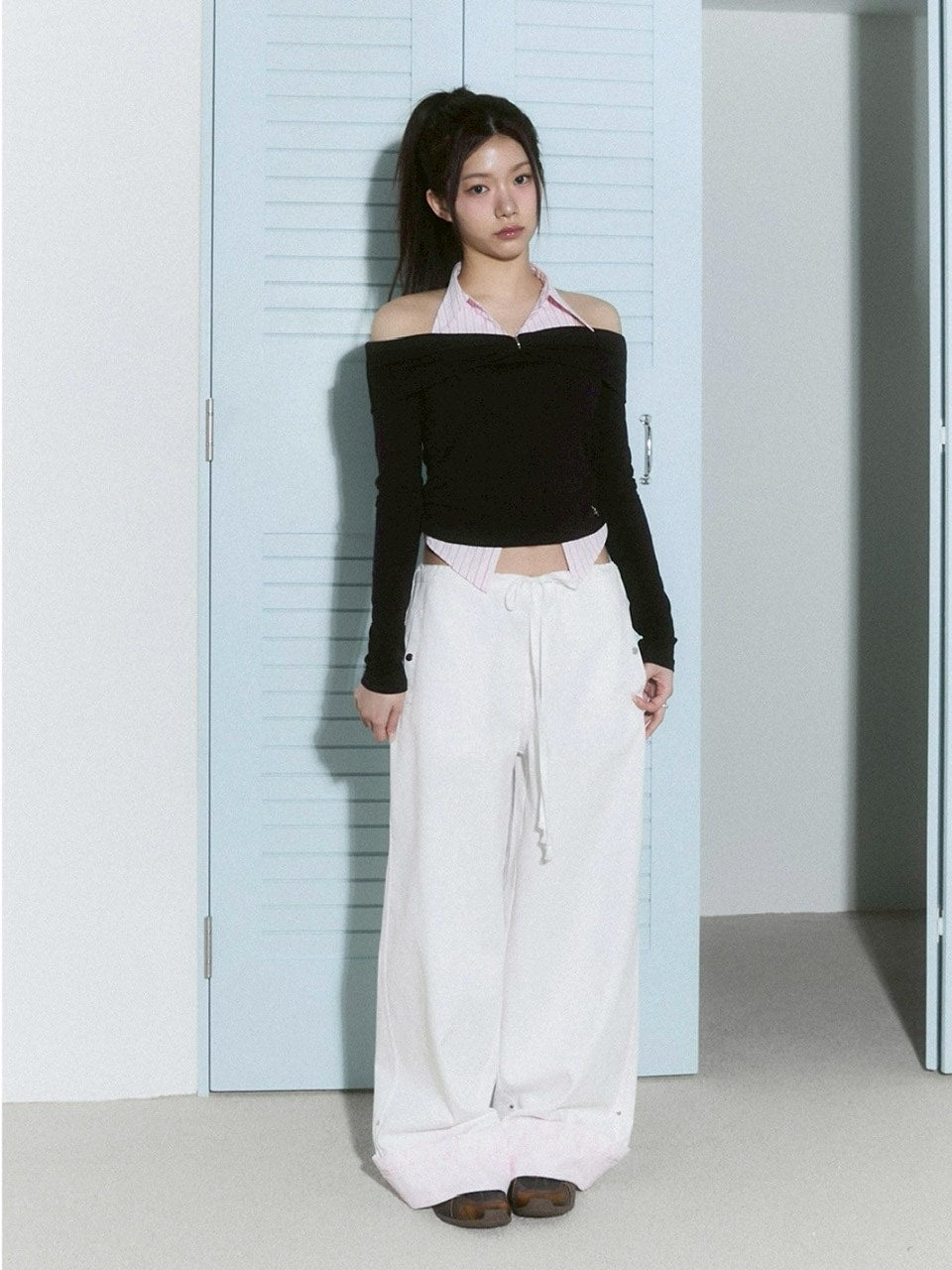 【CHERRYQUIRI】shirts layered off shoulder top