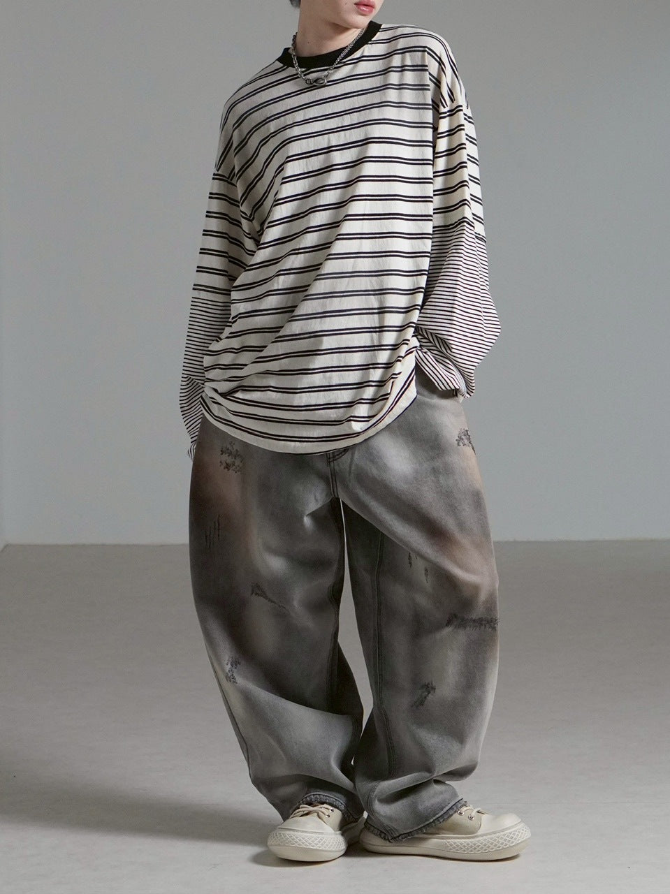 【Chikashitsu +】oversized layered border washed long sleeve / 【チカシツプラス】オーバーサイズウォッシュドレイヤードボーダー長袖Tシャツ(2color)