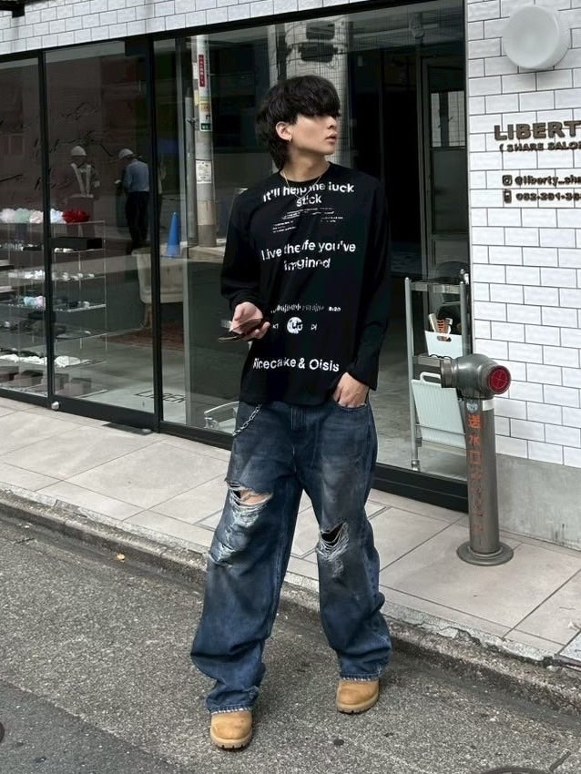 【Chikashitsu +】croque lettering long sleeve / 【チカシツプラス】モックネックレタリング長袖Tシャツ(2color)