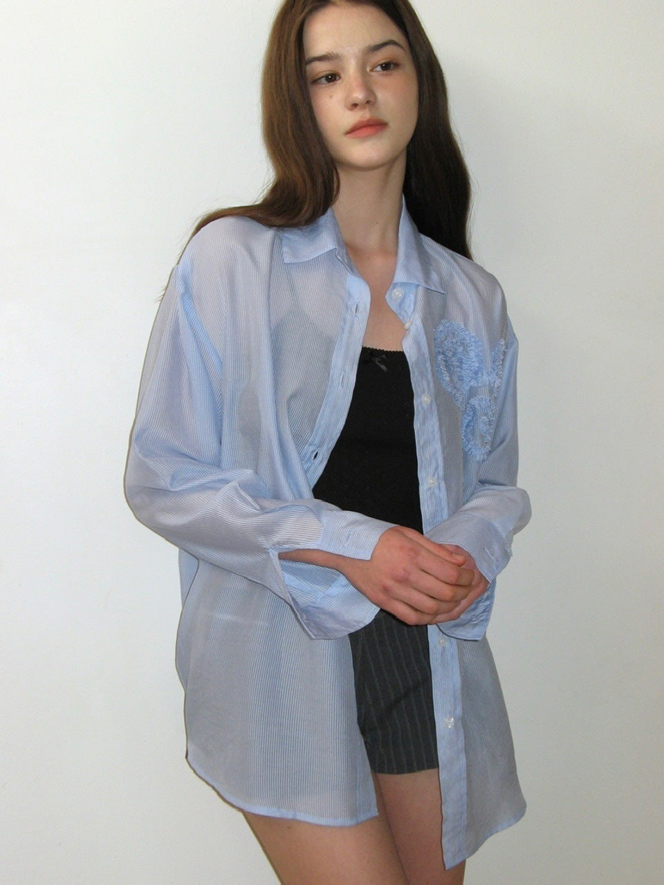 【CRANK】FLOWER STRIPED SHEER SHIRT / 【クランク】フラワーストライプボーダーシアー長袖シャツ