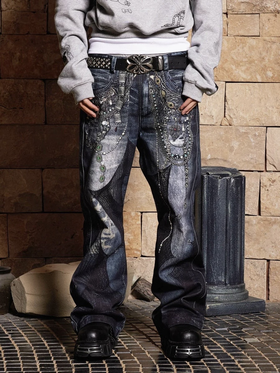 【DND4DES】CHAIN LACE PATCHWORK FLARED JEANS