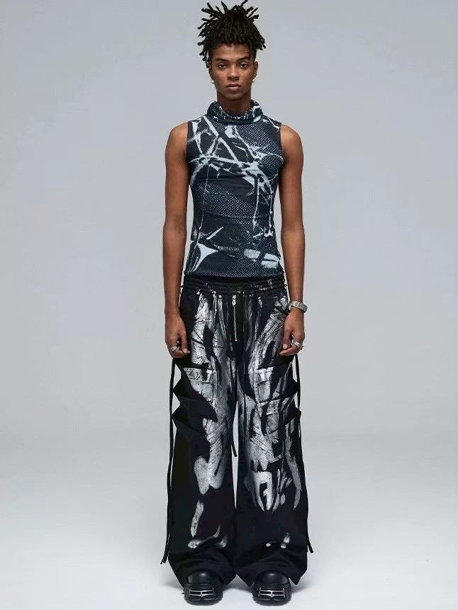 【DND4DES】 MULTI-LAYERED STRIPED GRAFFITI CARGO PANTS