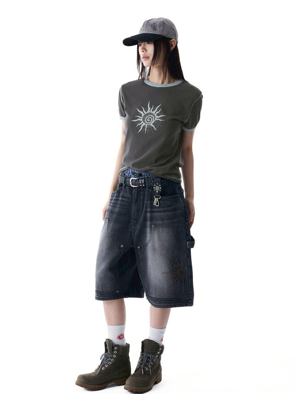 【AAKAM】Washed Double Knee Bermuda Denim Pants