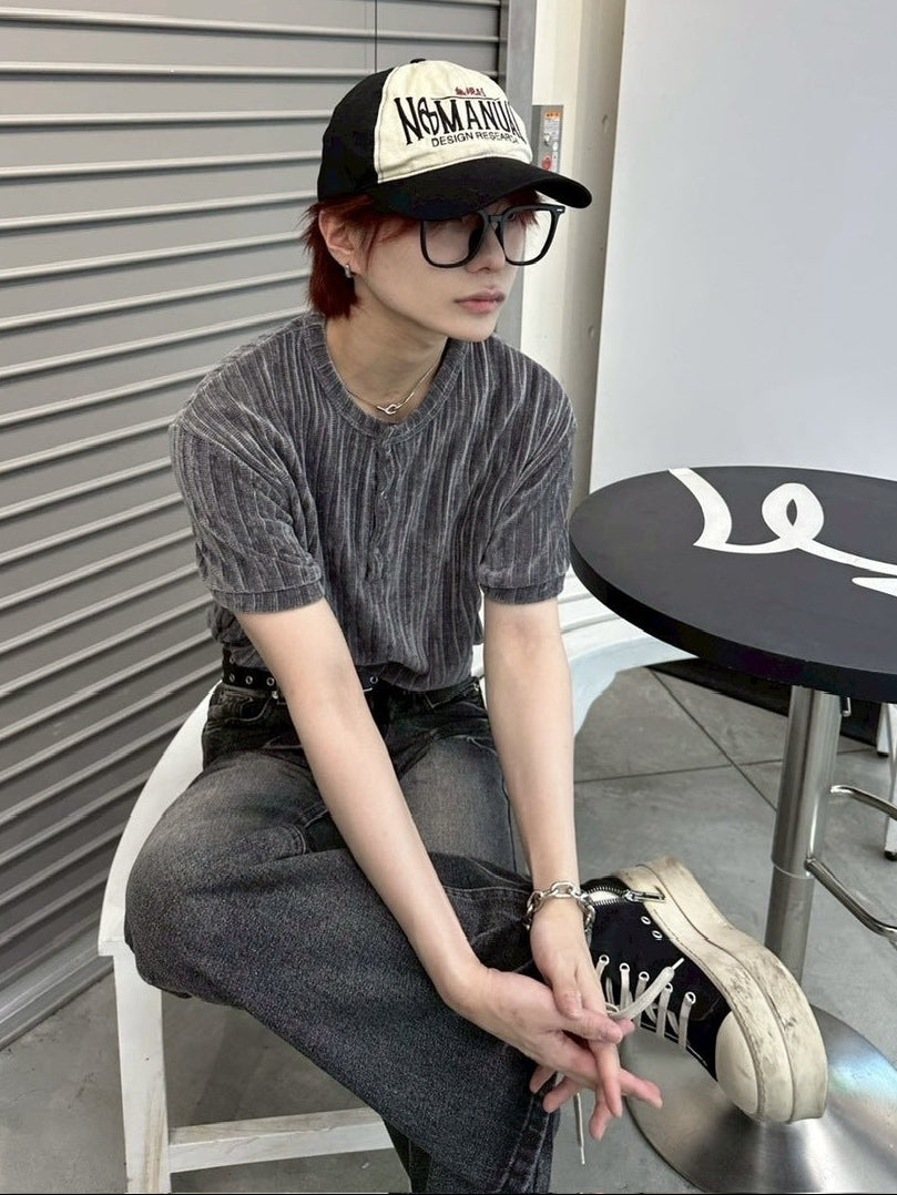 受注制【LUV CODE】henry neck half sleeve velours top (4color)
